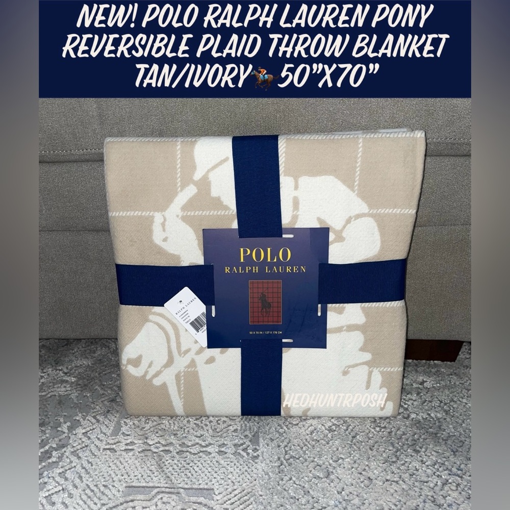New! Polo Ralph Lauren Pony Reversible Plaid Throw Blanket Tan/Ivory🏇🏻50”x70”